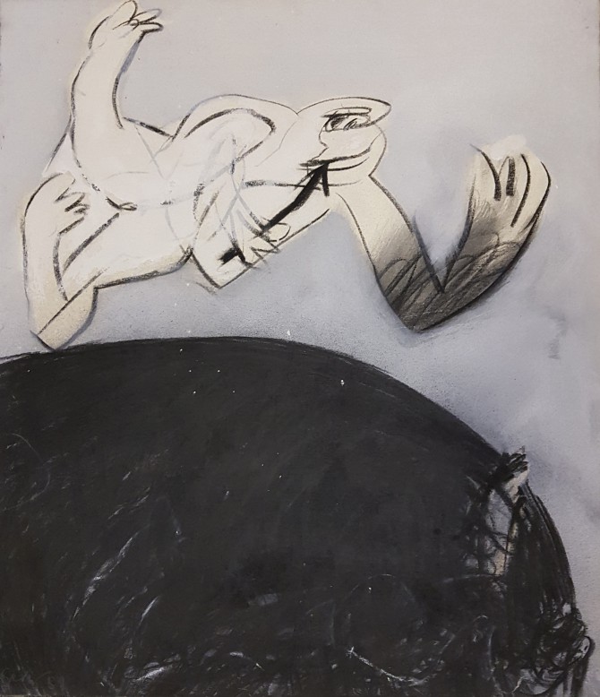 o.T. Mit schwarzem Hügel, 1989, MischtechnikNessel, 75 x 69 cm