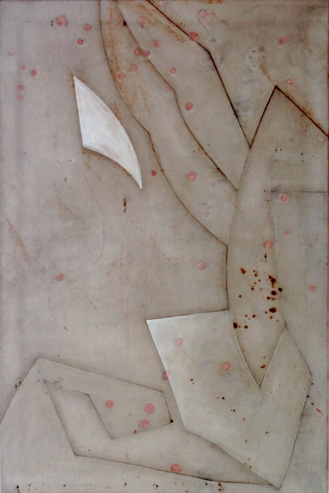Hofschen_Modifikation L8, 1986, Öl-Segeltuch-Ponal-Papier, 205 x 138 cm
